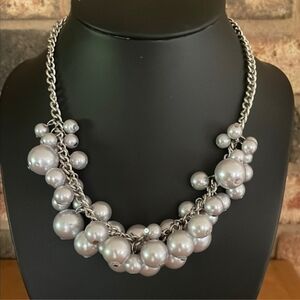 Silver Tone Faux Pearl Cluster Statement Necklace